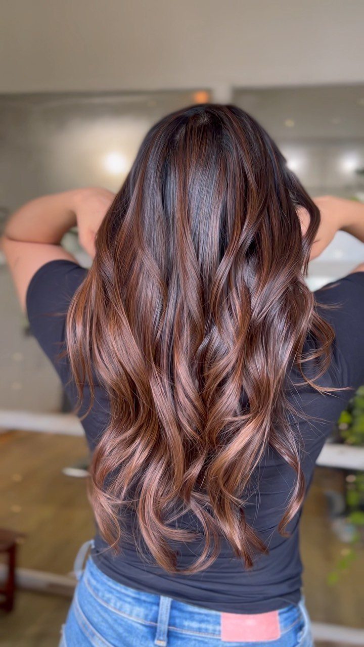 Long dark brown waves show dimensional mocha-toned balayage highlights from behind.