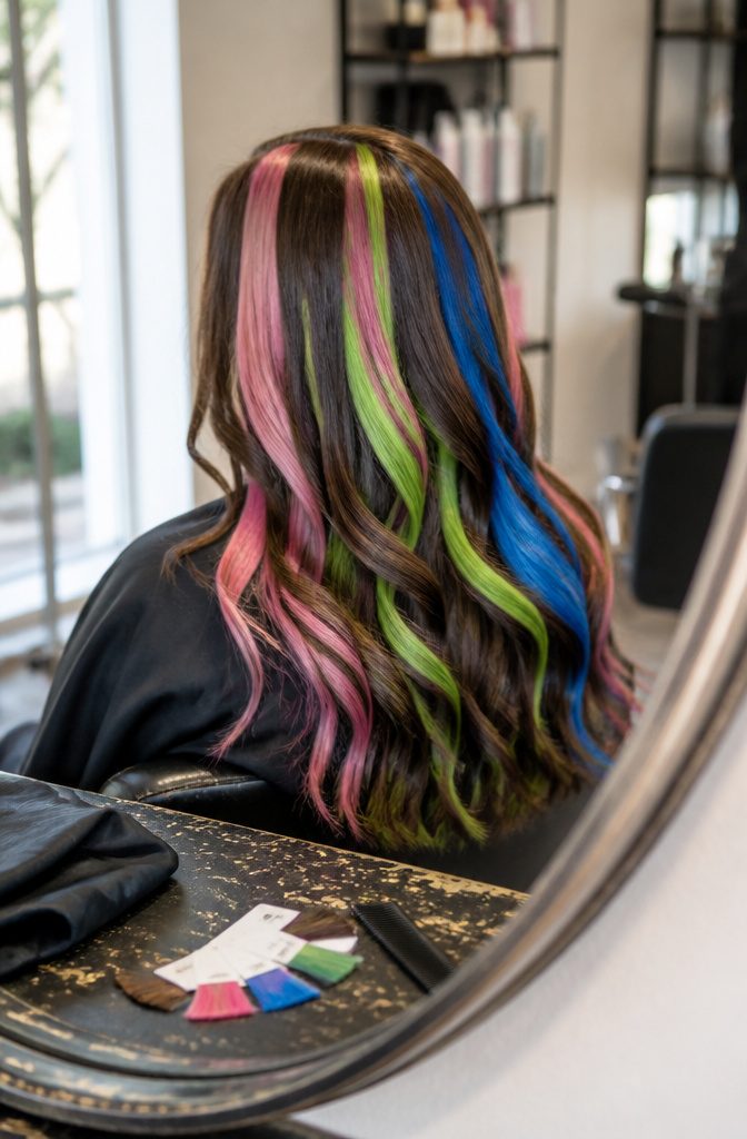 Brown hair with pastel pink electric blue and neon green streaks