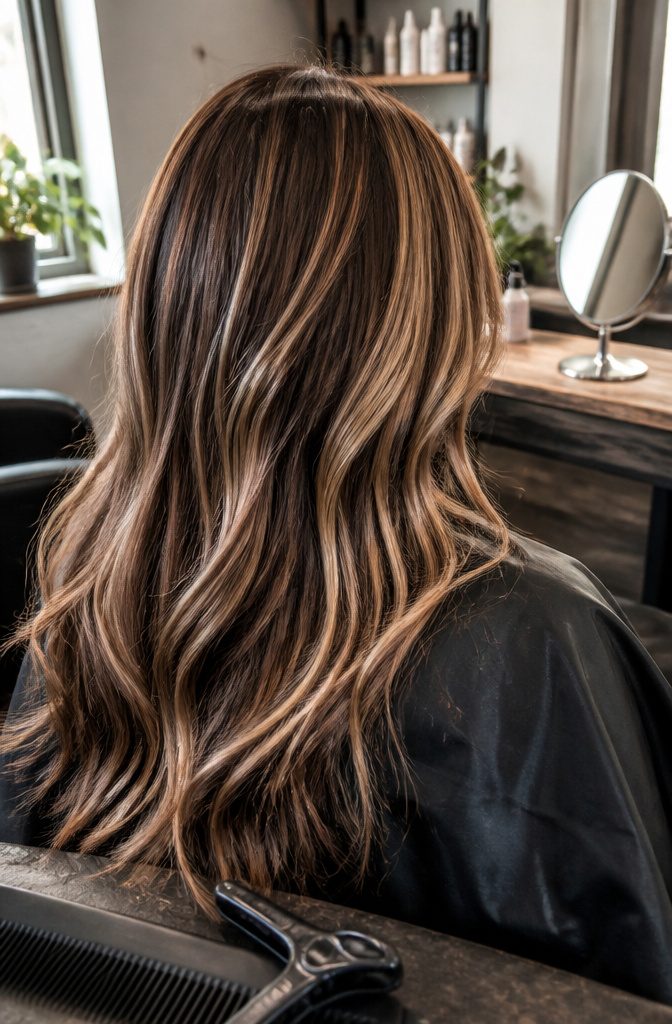 Brown hair with broad blonde highlights in contrasting shades