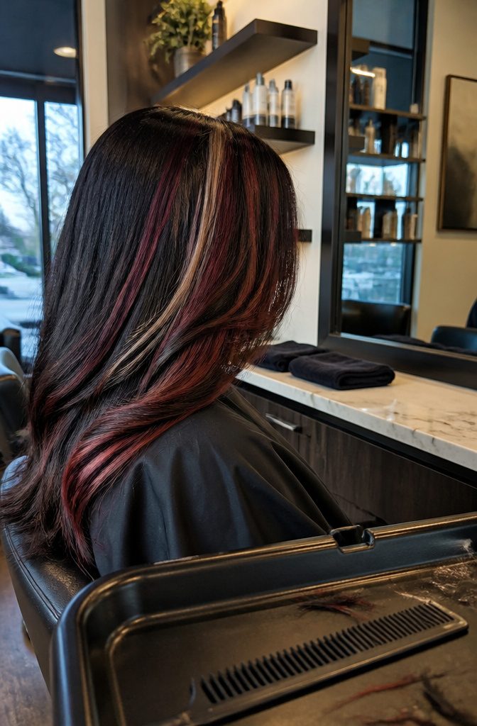 Near-black brown hair with burgundy red and ash-blonde streaks