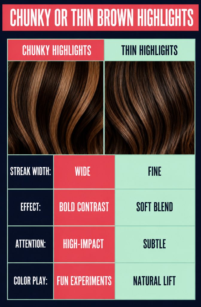 Graphic titled Chunky or Thin Brown Highlights with a comparison of streak widths