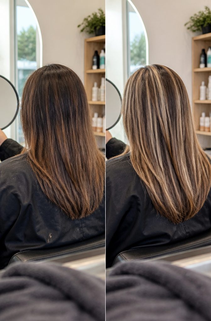 Brown hair with broad blonde highlights in warm and pale tones