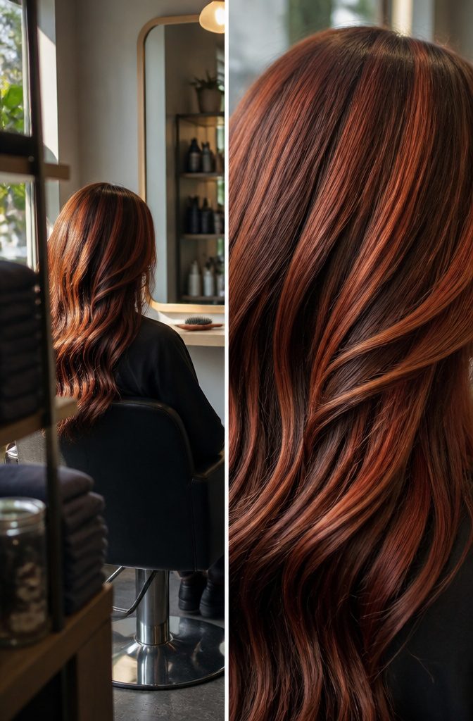 Brown hair with two distinct highlight colors placed in wide sections