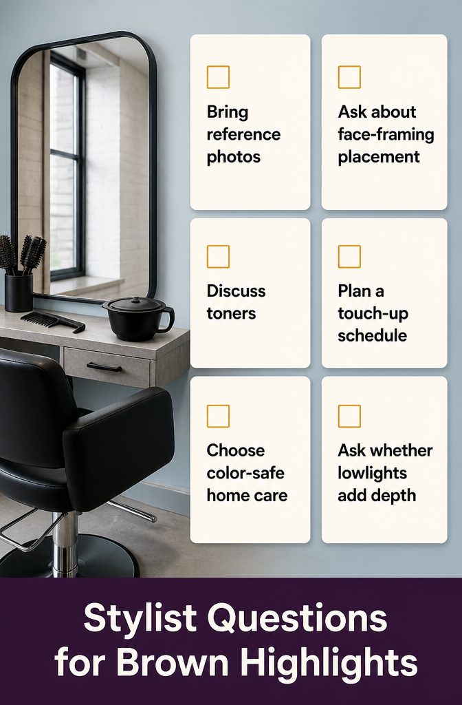 Graphic titled Stylist Questions for Brown Highlights with appointment discussion points