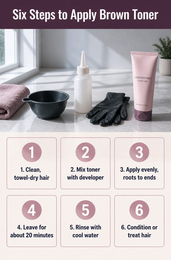 Brown hair toner application steps with tools and product