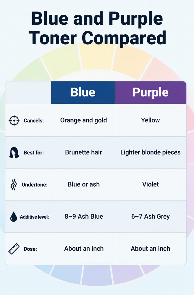 Blue and purple toner swatches beside brown and blonde hair