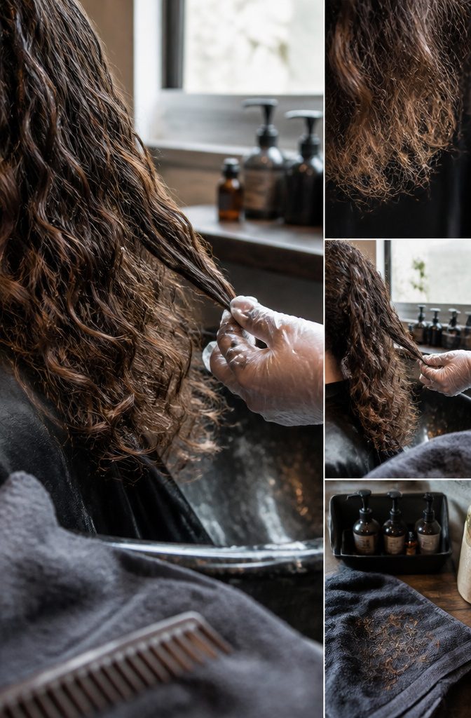 Textured brown hair with loose curls and visible flyaways