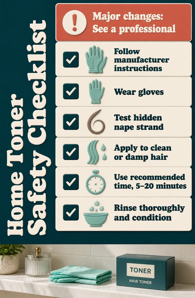 Gloves and a small hair strand beside home toner instructions