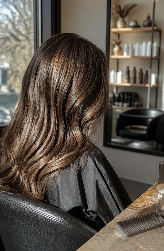 Wavy brown hair with fine highlights and cool ash-toned strands