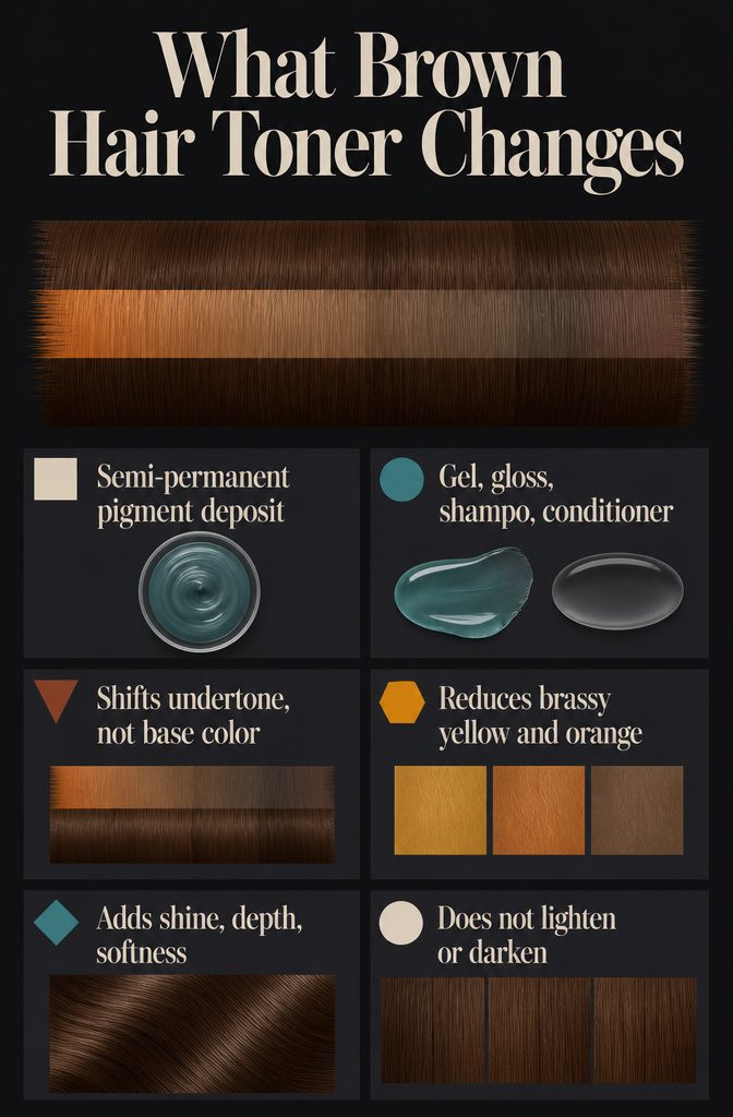 Brown hair swatches showing different undertones after toner
