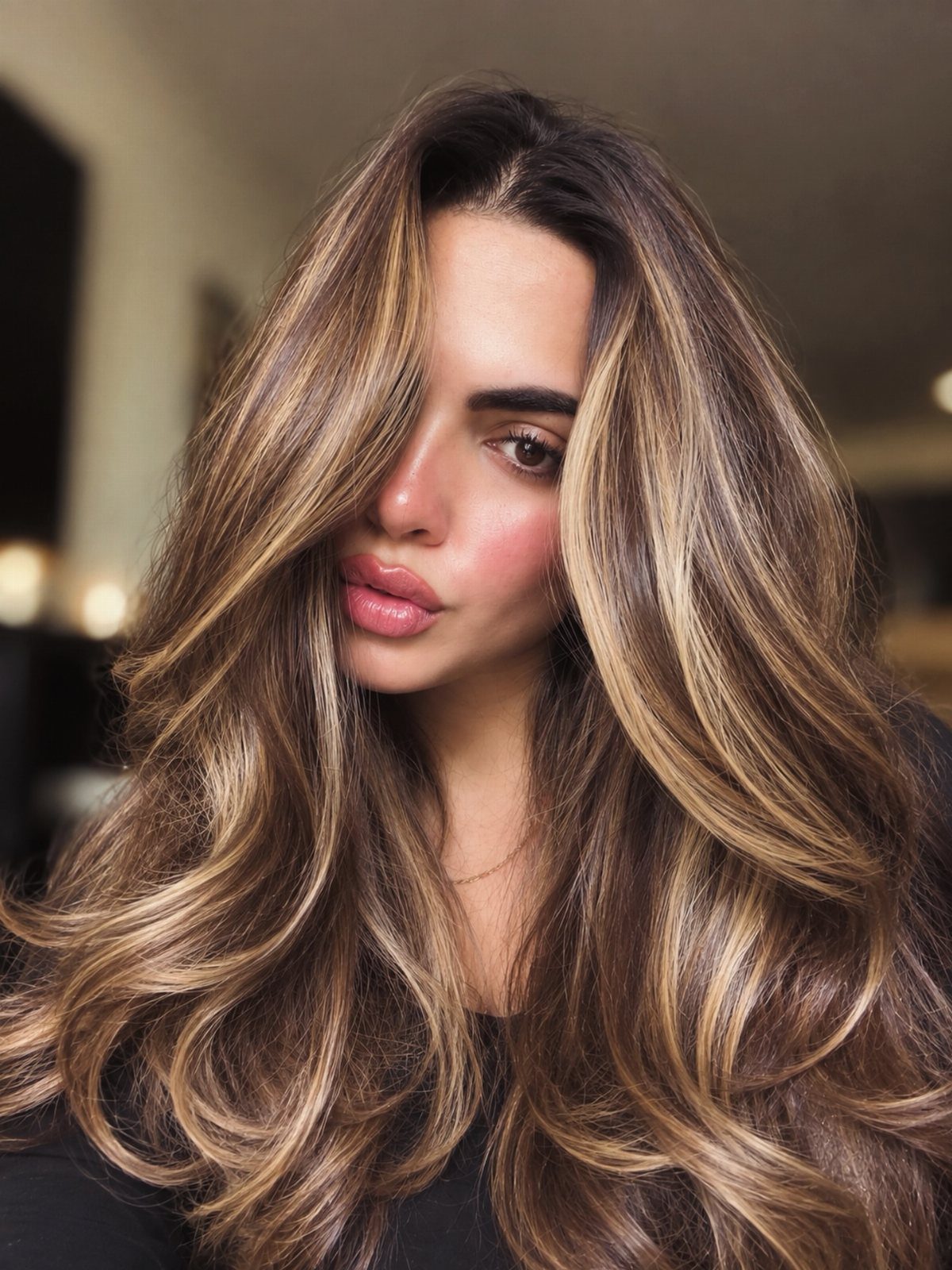 Woman with long brown waves and delicate caramel-blonde face-framing babylights