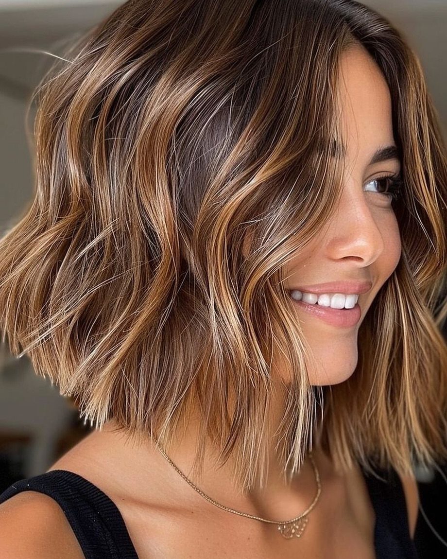 Woman with a wavy brown bob and chunky caramel-blonde highlights