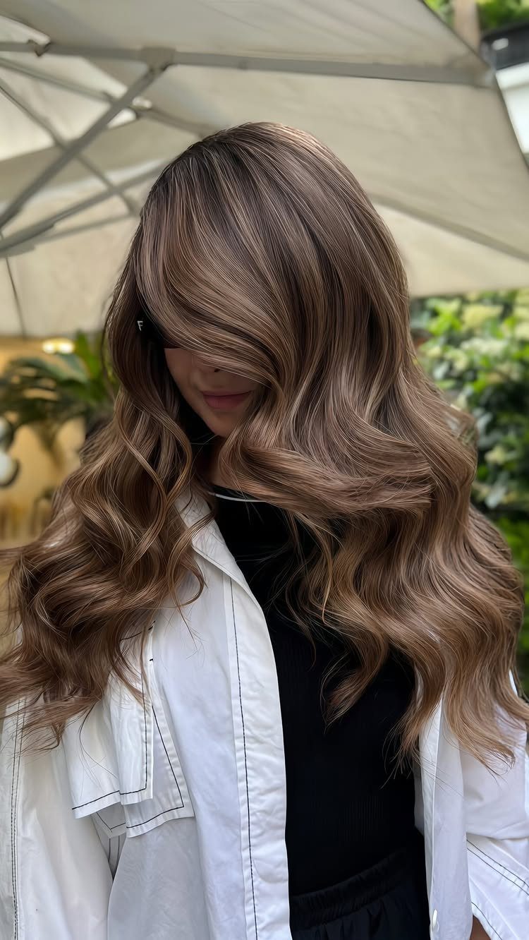 Long wavy brown hair with warm caramel-nutmeg streaks