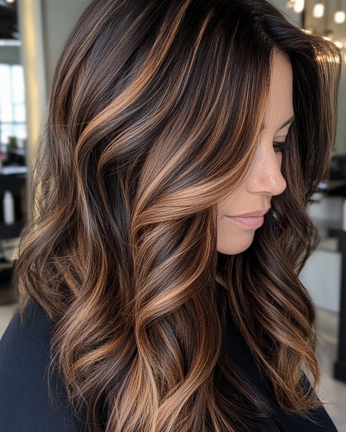 Woman with dark brown wavy hair and high-contrast caramel balayage highlights
