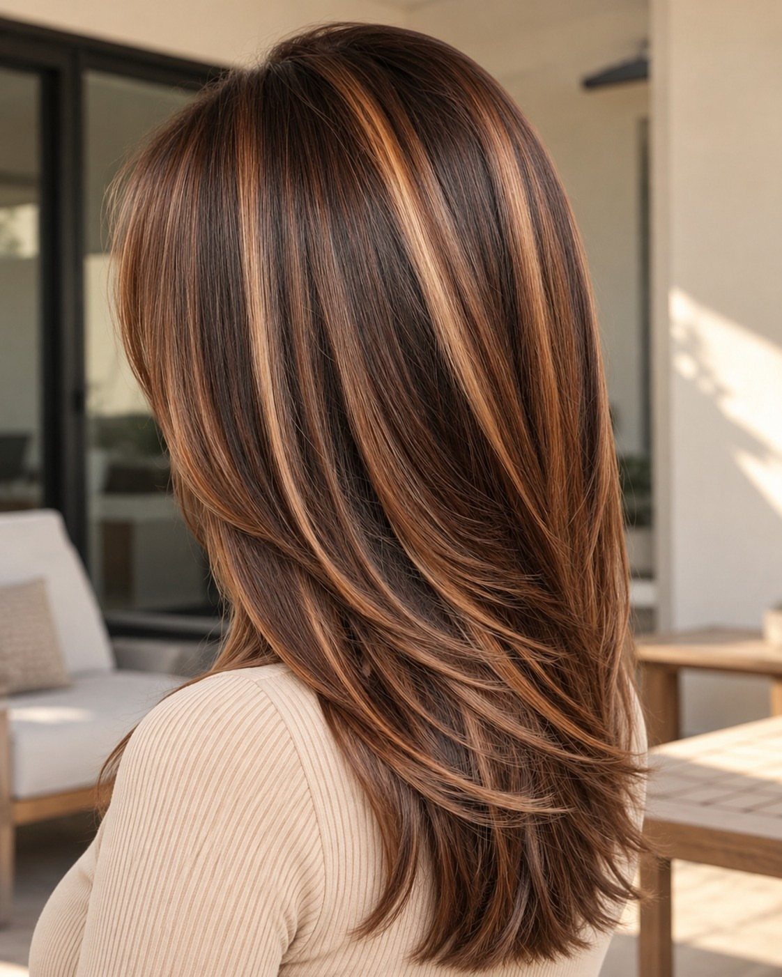 Long dark brown hair with broad warm caramel stripes and softly curved ends