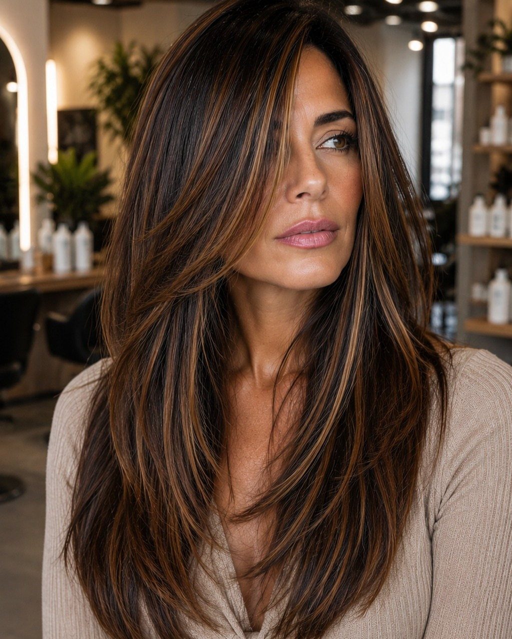 Long dark brown hair with subtle warm golden highlights frames a woman’s face