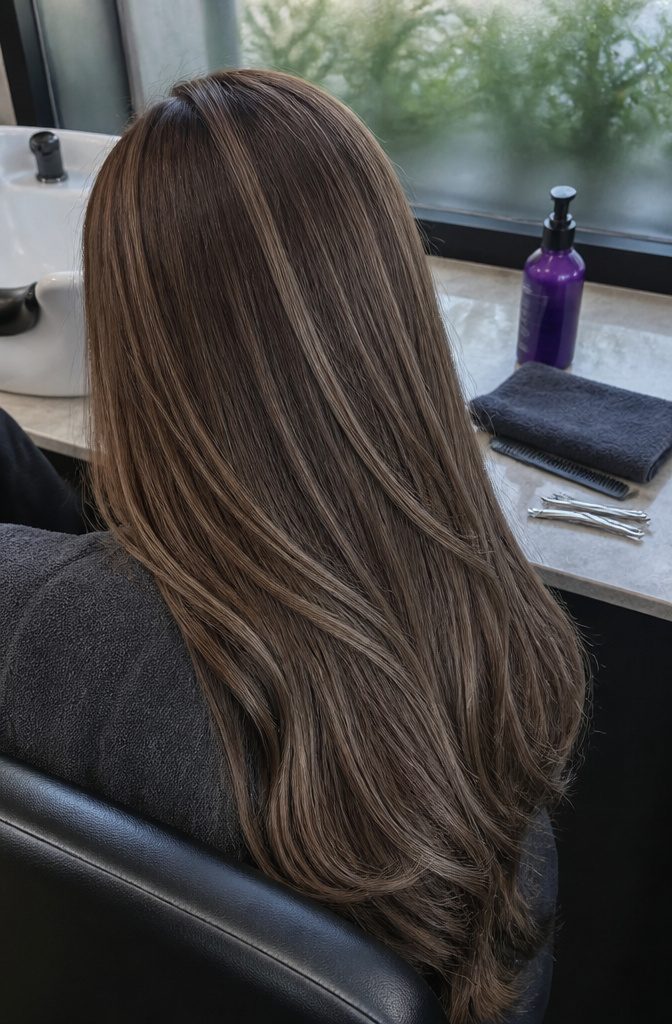 Brown hair with cool ash lowlights and a soft finish