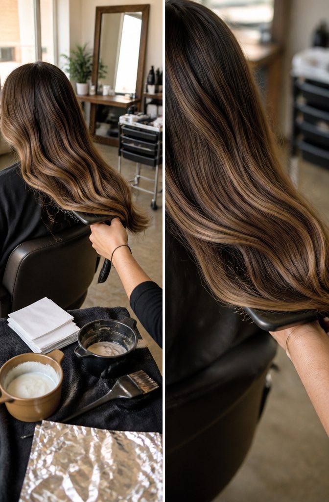 Stylist applying lowlight color with a paddle to brown hair