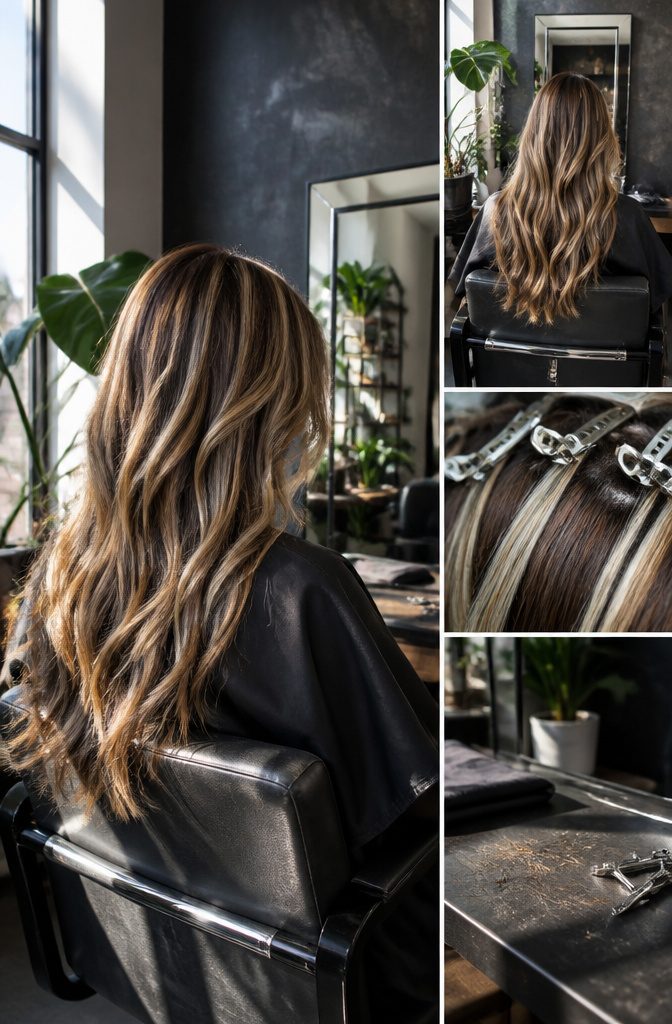 Brown hair with pale platinum highlights and darker lowlights