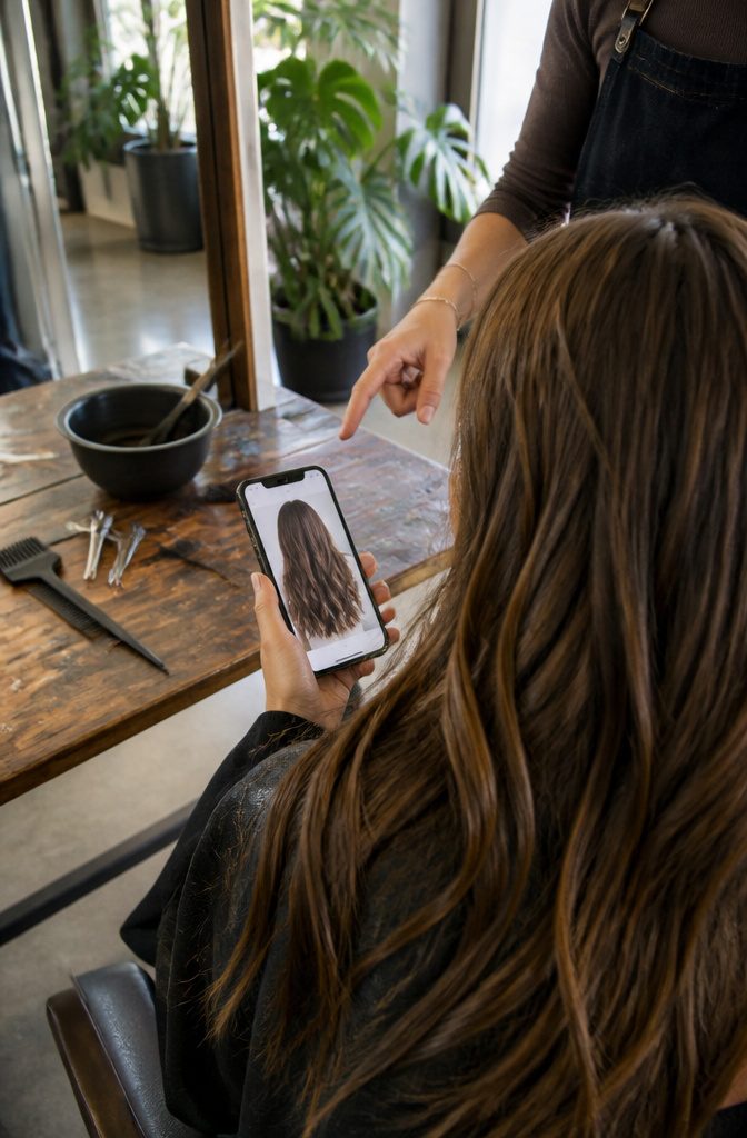 Client holding a phone with a saved hairstyle photo beside her colorist