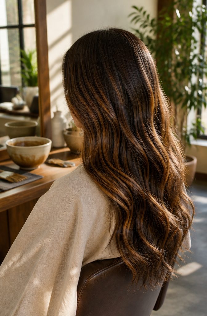 Deep brown hair with caramel ribbons through the mid-lengths and ends
