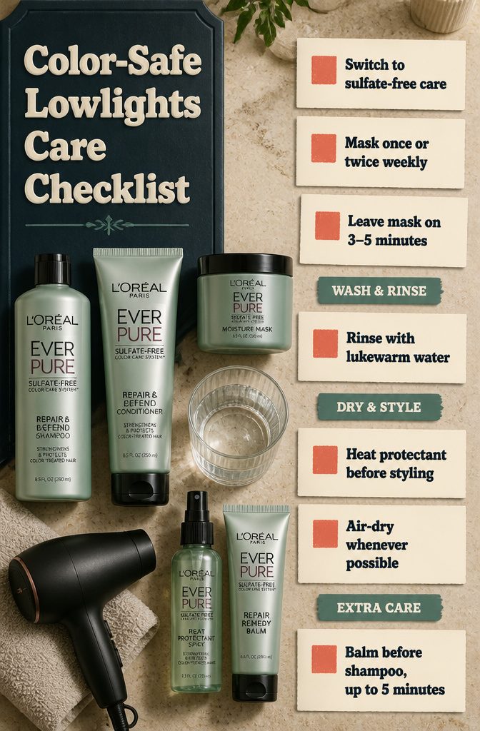 Checklist graphic listing color-safe shampoo conditioner mask and heat care