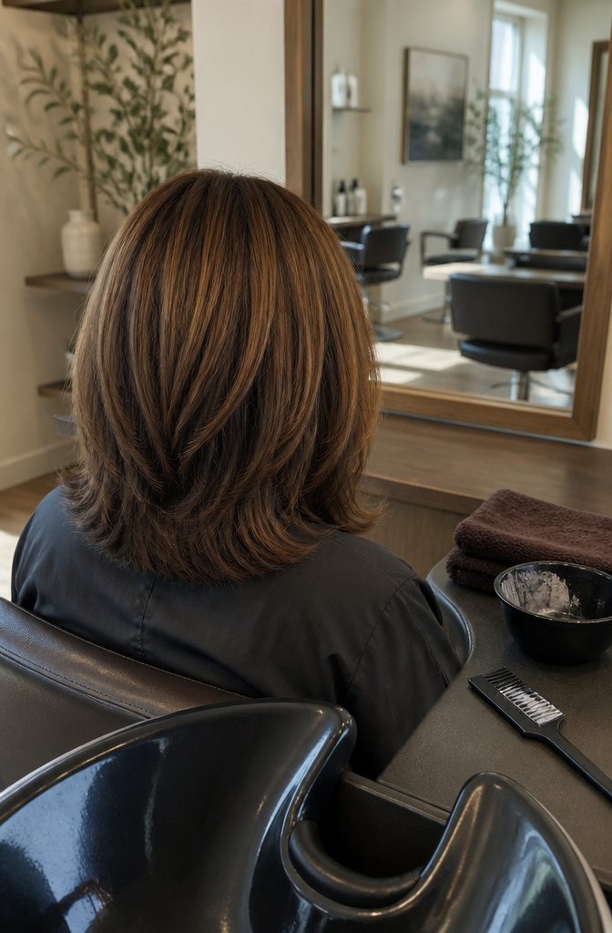 Light brown hair with thin chocolate pieces beneath toffee-toned strands