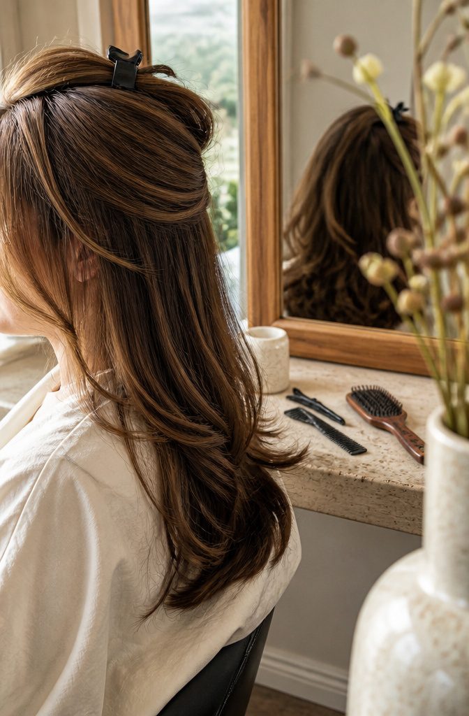 Brown hair with lighter pieces beside the cheeks and darker strands underneath