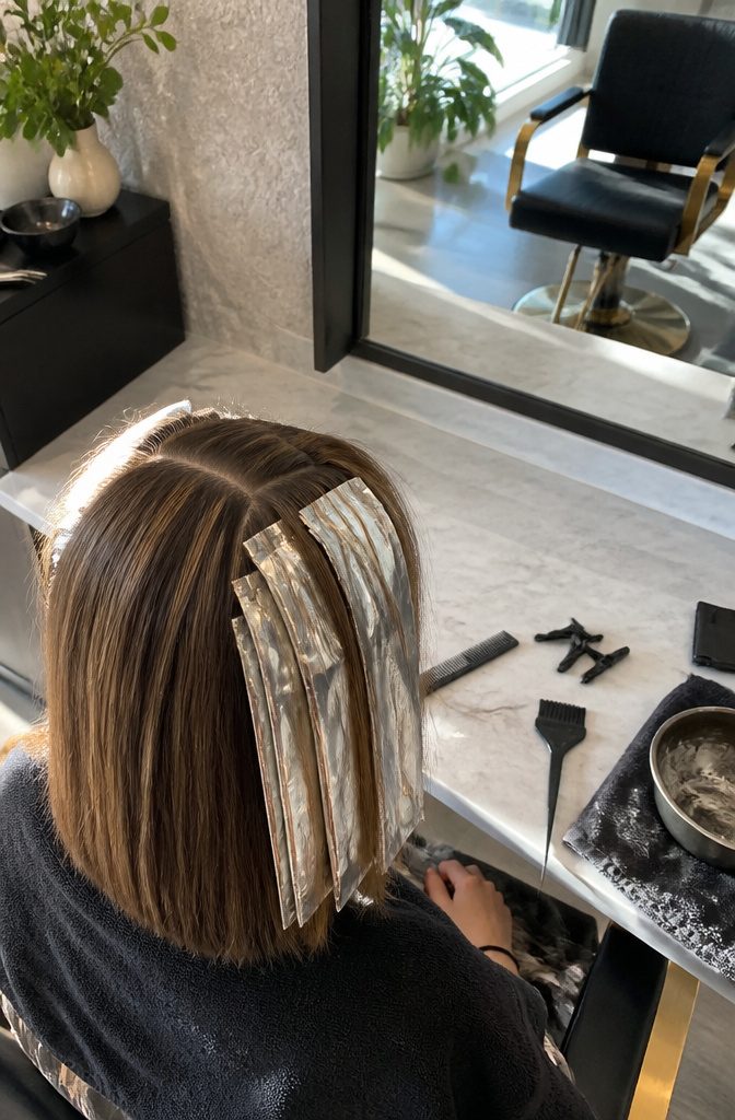 Brown hair divided into foil-wrapped sections for precise dark ribbons