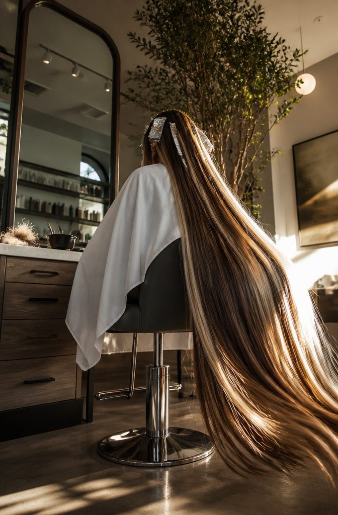 Long hair with deep brown roots and bright blonde sections