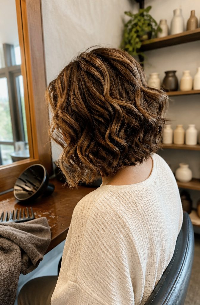 Shoulder-length wavy brown bob with darker underlayers and lighter pieces