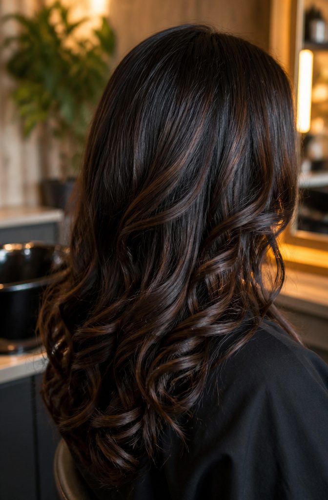 Dark brown hair with near-black lowlights visible through the lengths