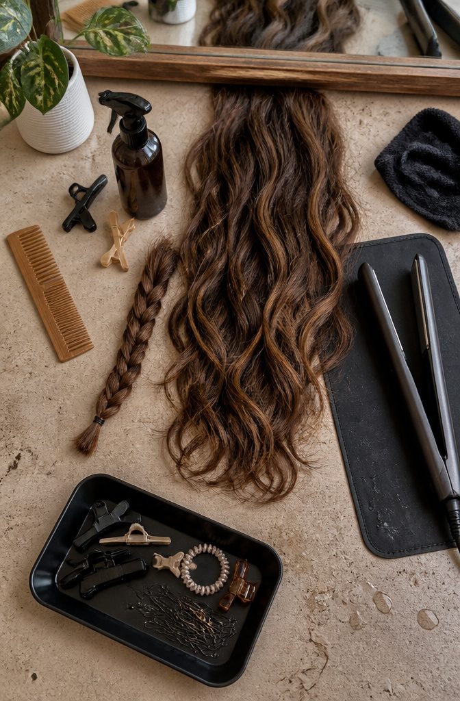 Brown hair with soft waves and lowlights styled with spray