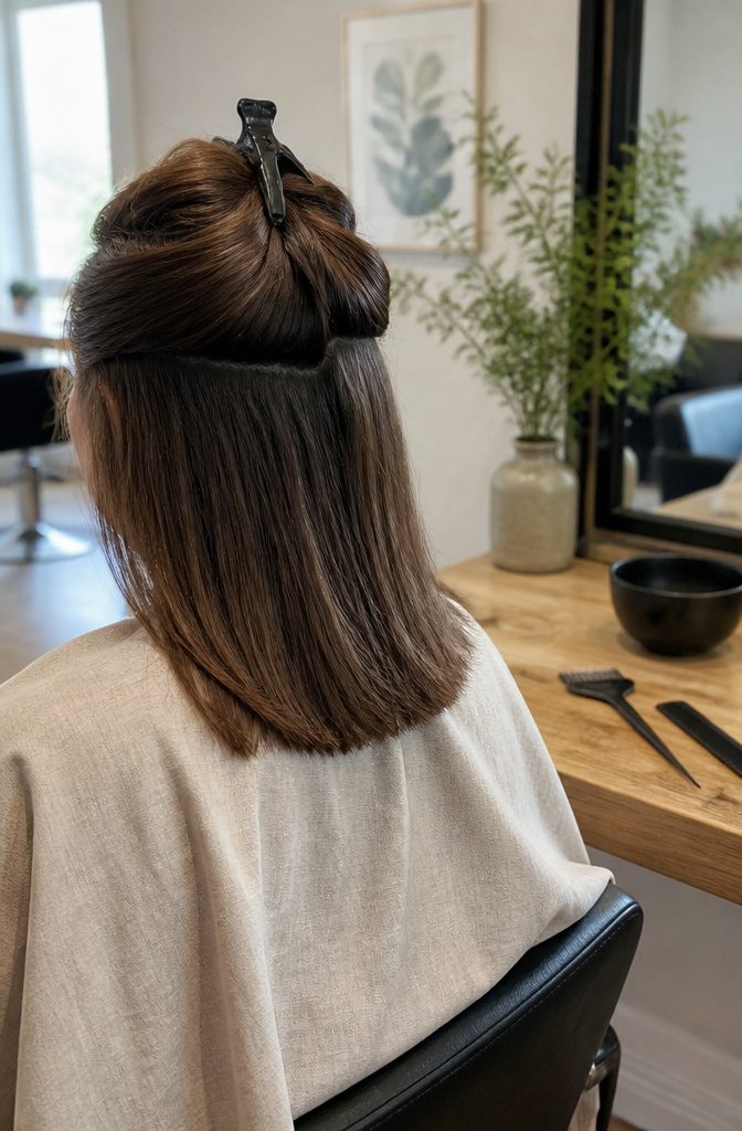 Natural brown hair with darker roots and fine pieces fading toward the ends