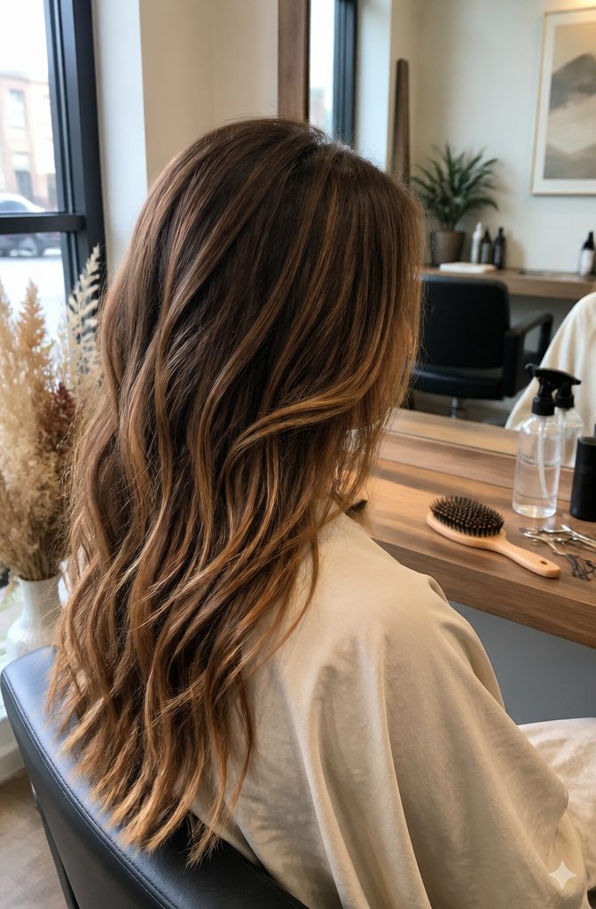 Medium brown hair with blonde strands and amber-toffee pieces