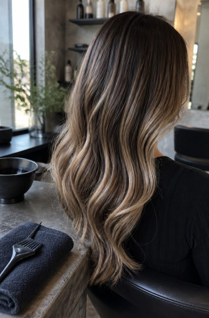 Brown hair with cool ash blonde highlights through the lengths