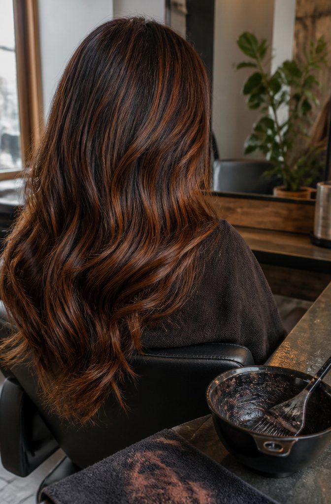 Long espresso brown hair with cinnamon highlights