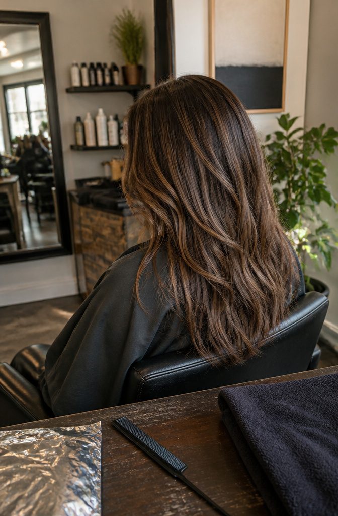 Brown hair with fine highlights along the part and crown