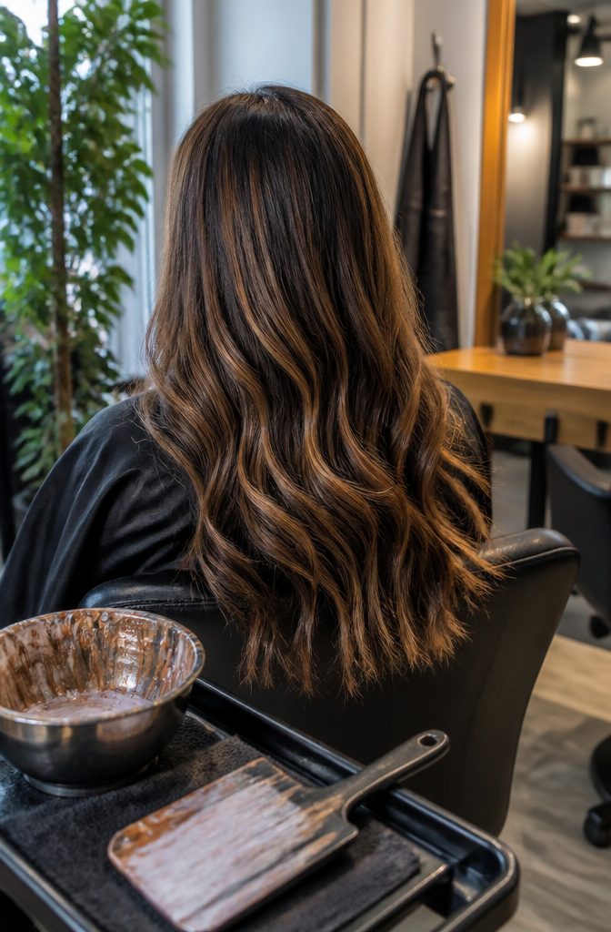 Chocolate brown hair with caramel ribbons and darker tones underneath