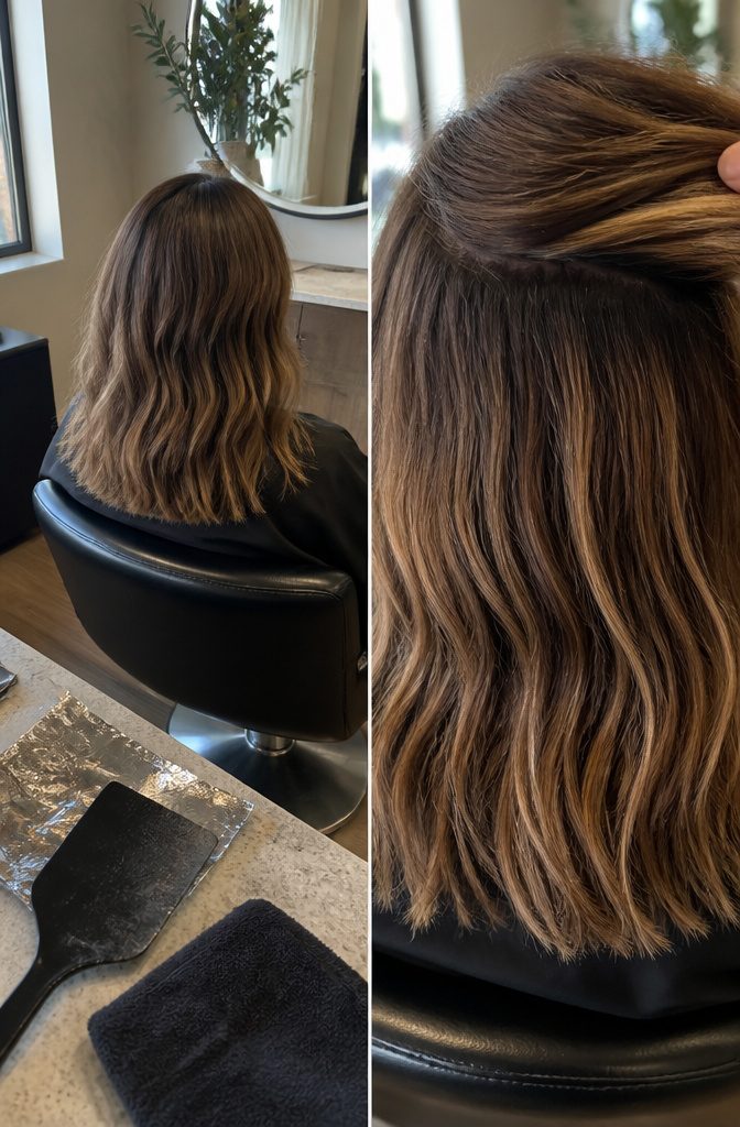 Brown hair with lighter lengths and deeper tones near the roots