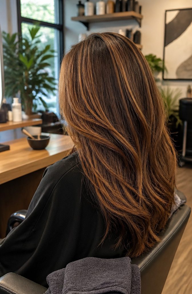 Brown hair with caramel and toffee-colored ribbons