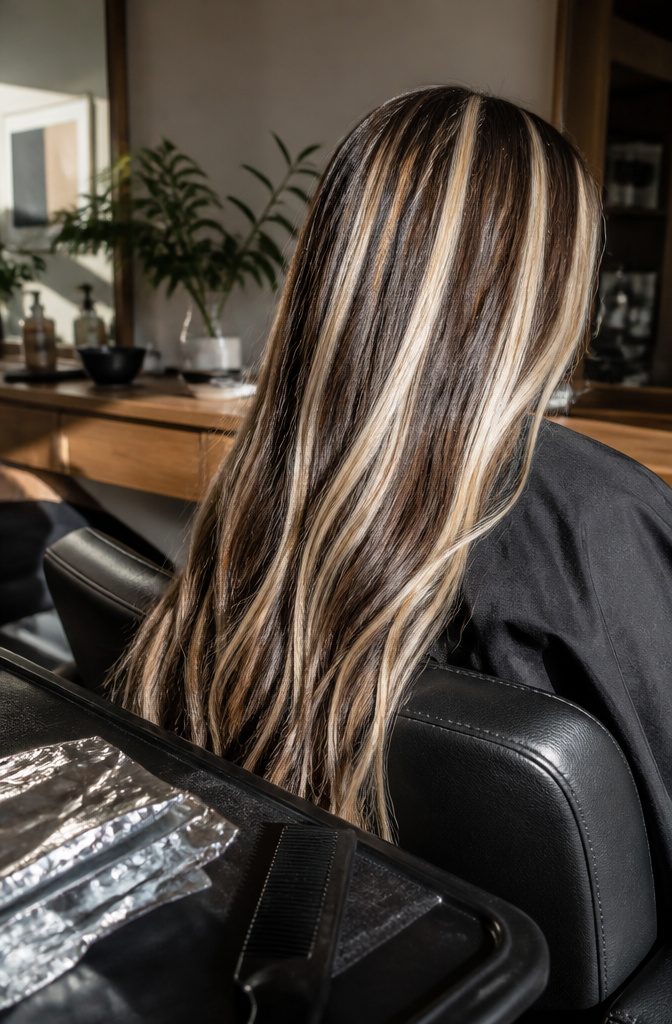 Long deep brown hair with wide bright blonde ribbons
