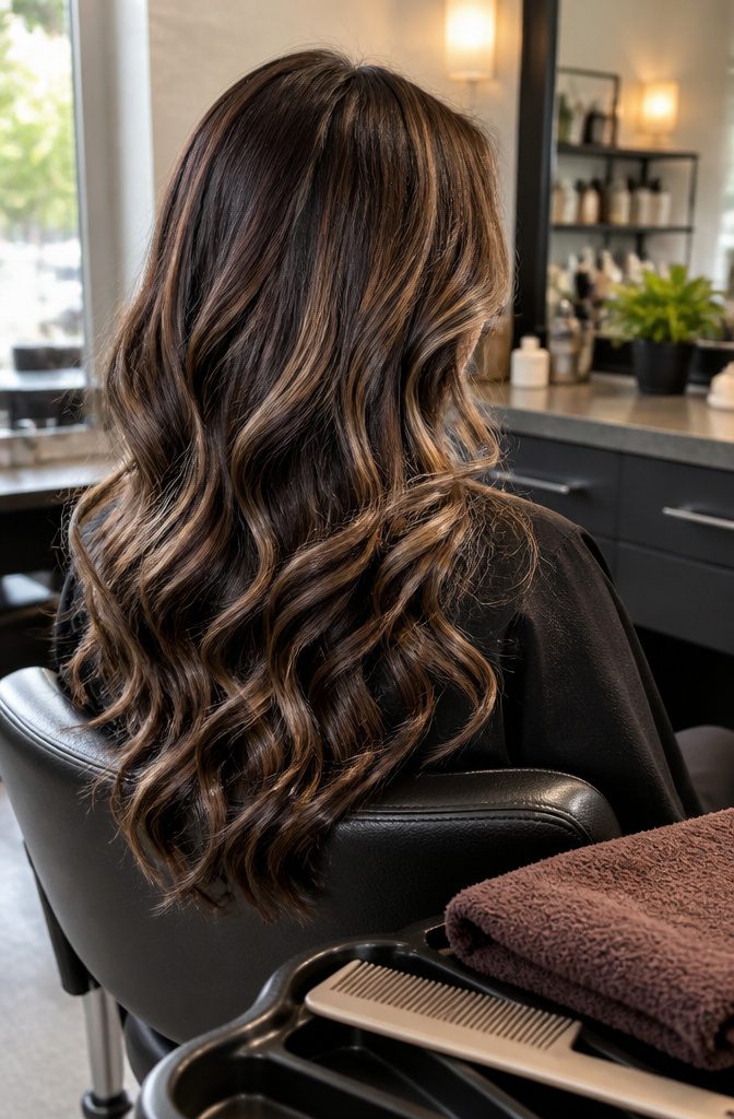 Brown hair with lighter pieces around the face and temples