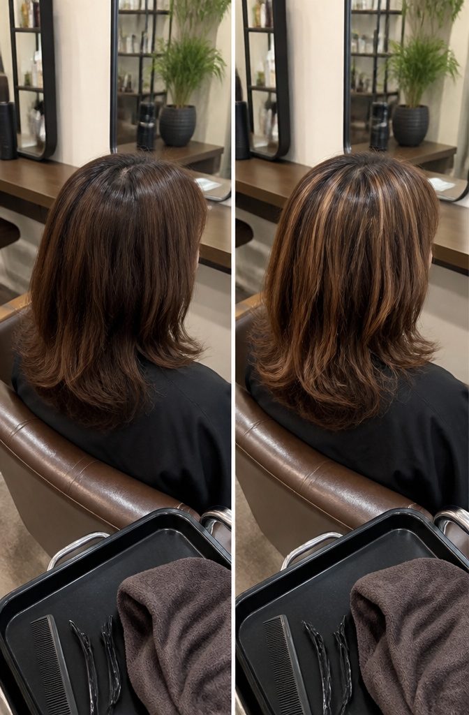 Brown hair with highlights placed throughout the head and around the front