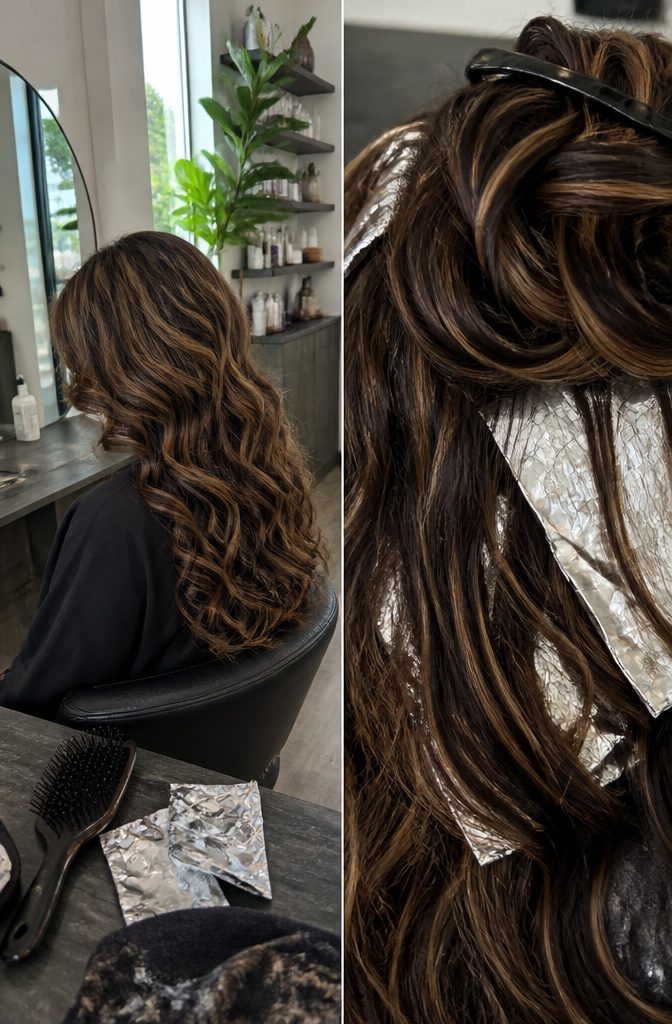 Textured brown hair with lighter highlights and darker lowlights