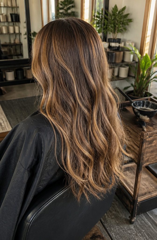 Brown hair with warm honey and golden highlights