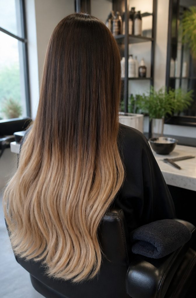 Long brown hair with a horizontal transition to lighter ends