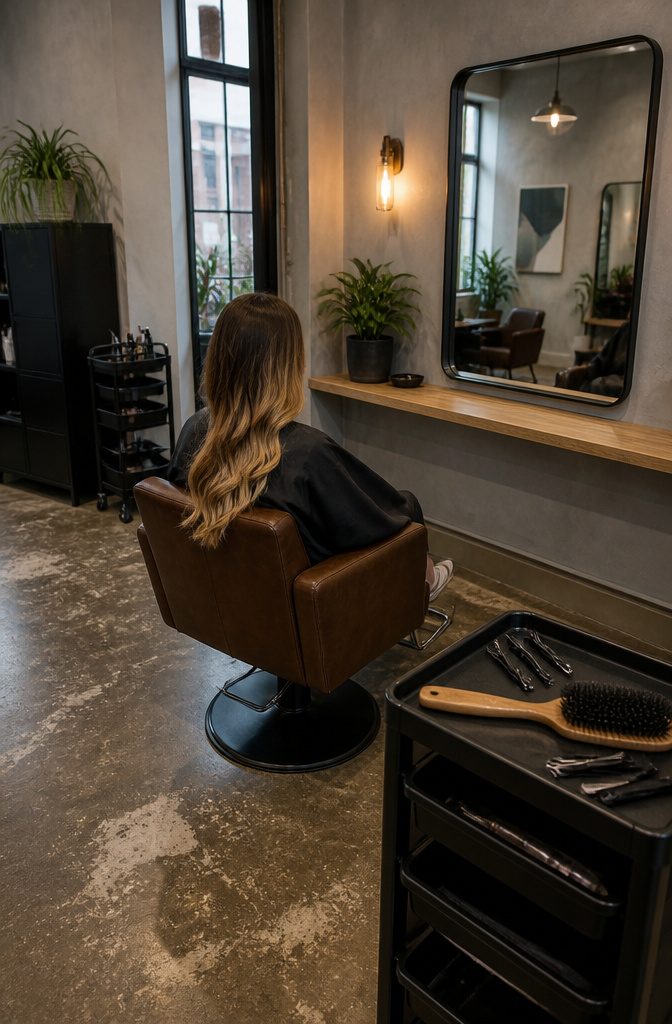 Brown hair with dark roots blending into lighter mid-lengths and ends