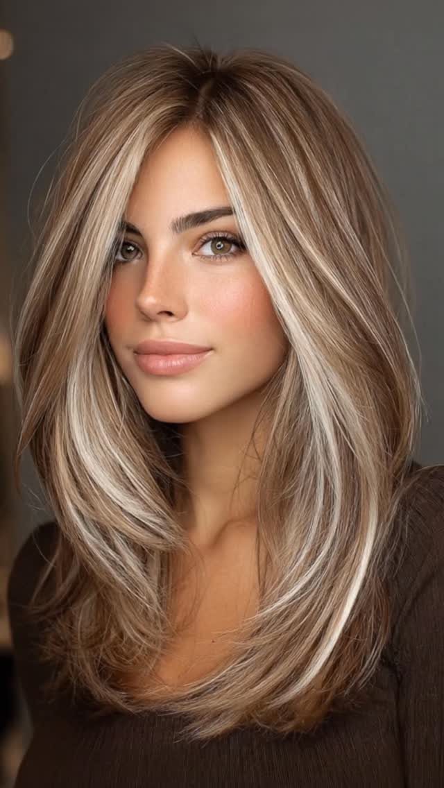 Woman with layered brunette hair and soft beige-blonde highlights framing her face