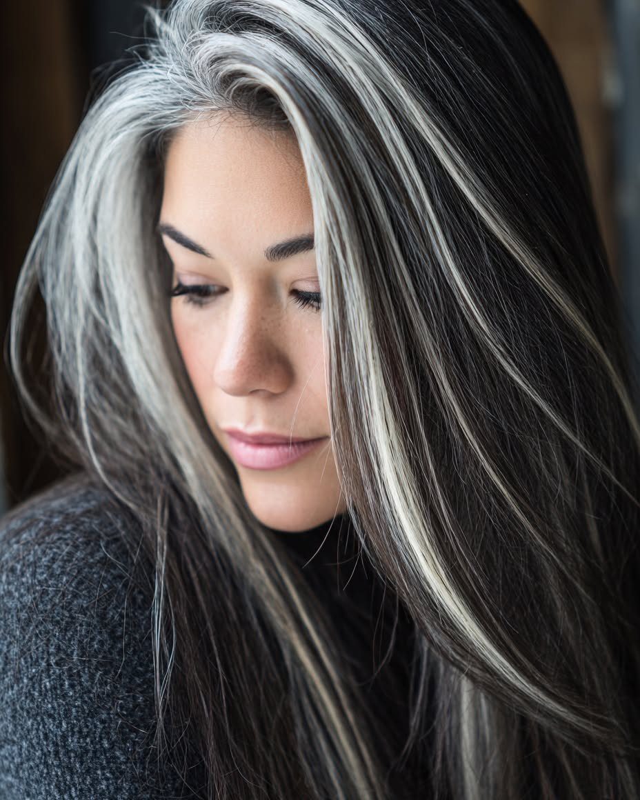 Woman with long brunette hair and bold silver-gray temple highlights
